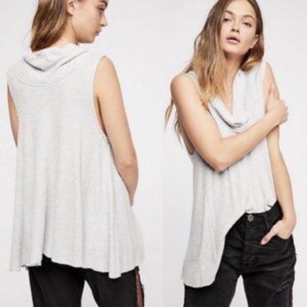 Free People WE THE FREE Gray Sleeveless Waffle Knit Swing It Cowl Neck T…